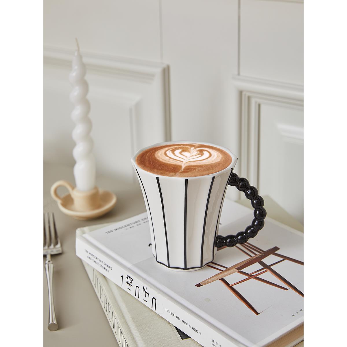 Endless stars 复古黑白条纹立体马克杯创意陶瓷杯男女法式咖啡杯