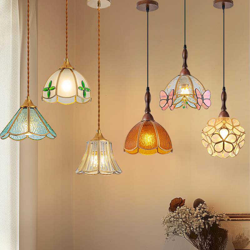 新款轻奢创意单头饭厅吧台阳台灯中古风格彩色覆古卧室床头小吊灯