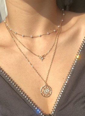 Sun Pendant clavicle chain retro pearl multi-layer Necklace