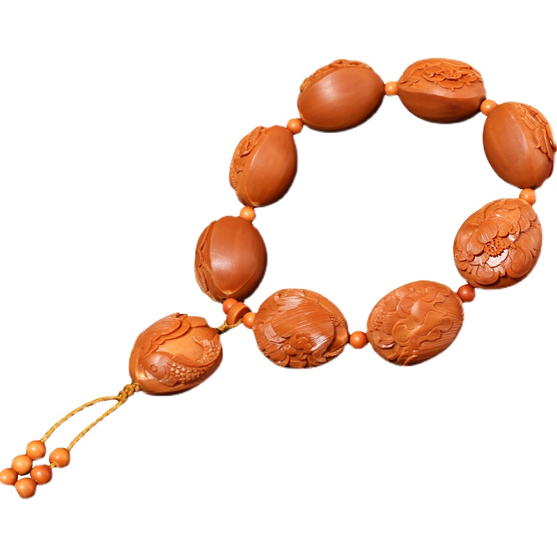 橄榄核雕手串连年有余苏工纯手工老铁核浮雕舟山大师精品文玩手链