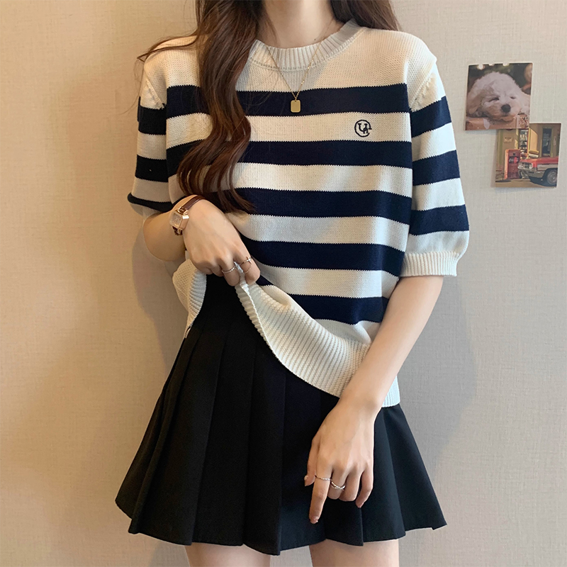 条纹短袖针织衫夏季2024新款女装大码宽松遮肚子胖mm显瘦打底上衣