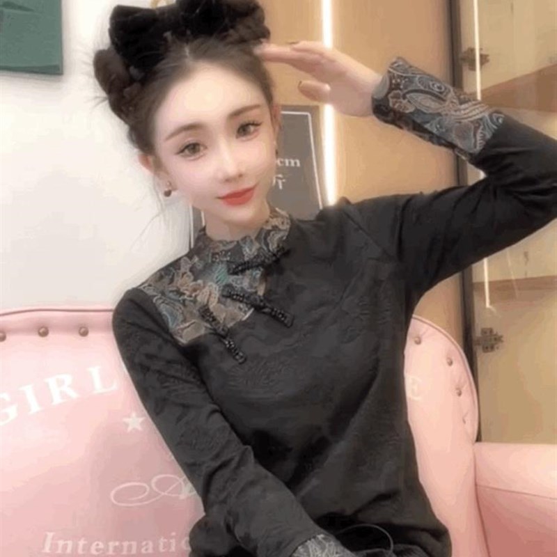 新中式衬衫女装上衣春季国风立领修身显瘦打底衫缇花盘扣复古t恤