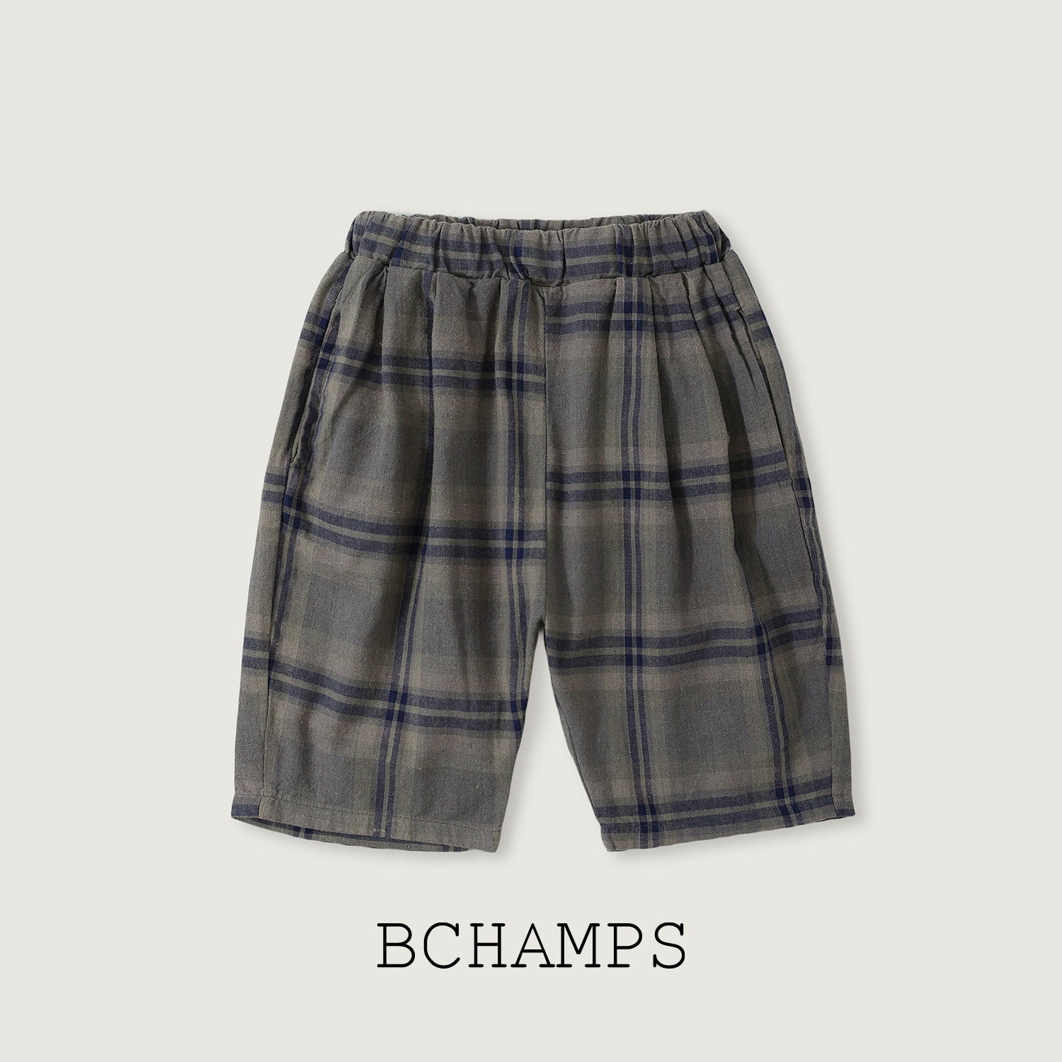 Bchamps男女童夏季亚麻休闲裤直筒复古宽松格纹短裤格子-BCSMP017