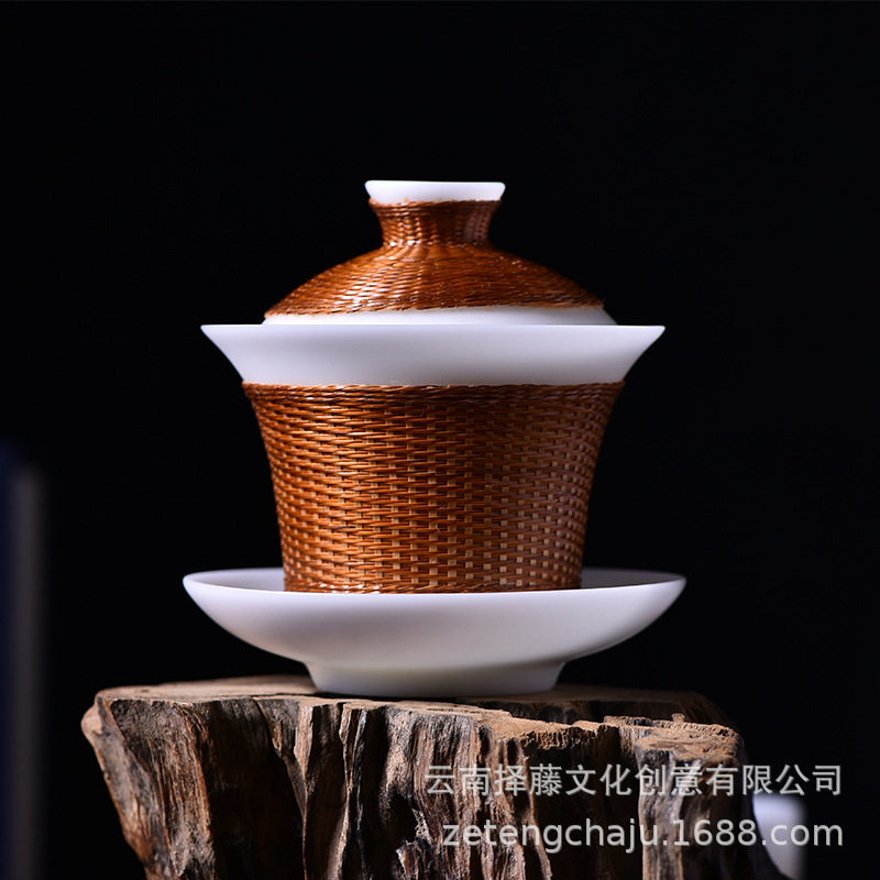非遗竹丝扣瓷德化羊脂白玉瓷盖碗家用办公室主人杯品茗杯茶具套装