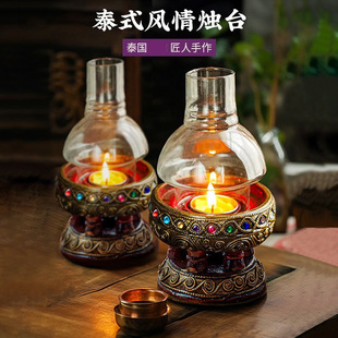 泰国实木蜡烛台风灯走马灯复古浪漫烛光晚餐户外防风烛台餐桌摆件