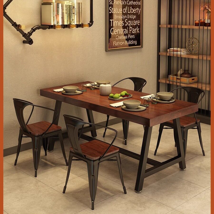 美式工业风实木餐桌餐厅饭店快餐店餐馆火锅店桌椅组合铁艺吃饭桌