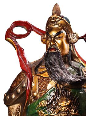 黄铜全铜高浮雕錾刻彩绘描金关公一尊工艺精湛造像精美收藏品摆件
