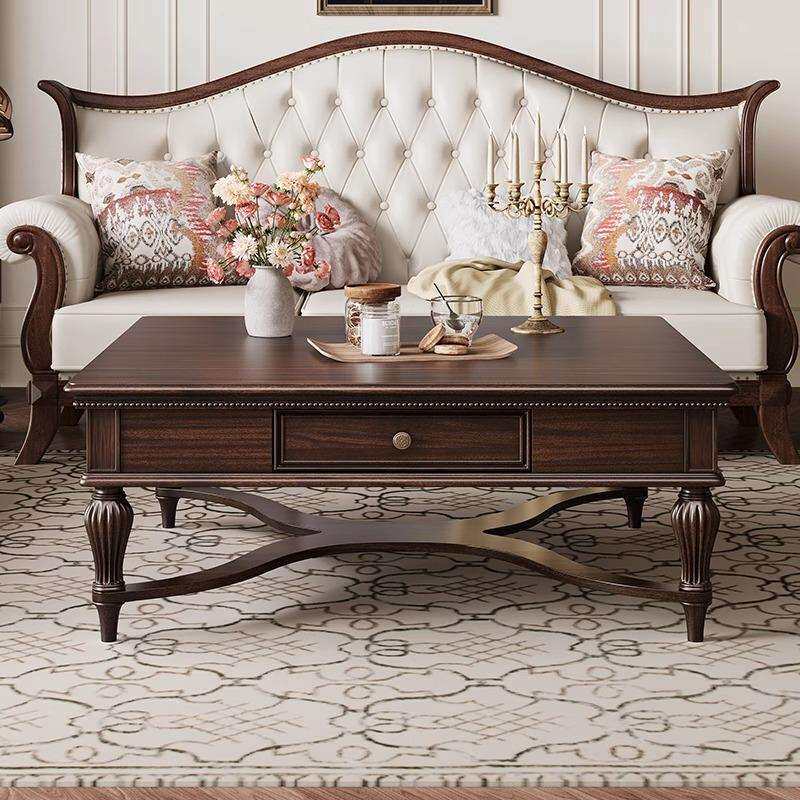 茶几美式复古乡村家用客厅实木茶桌老钱风黑胡桃木正方形储物茶台