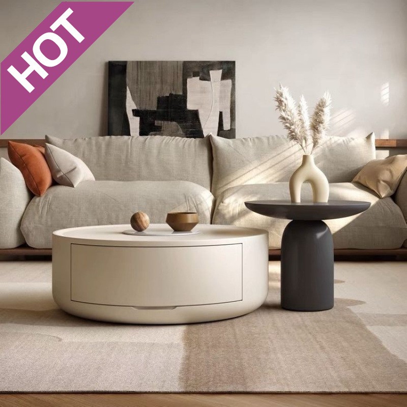 zsr奶油风茶几小户型简约现代圆形实木组合边几可移动轻奢家用茶