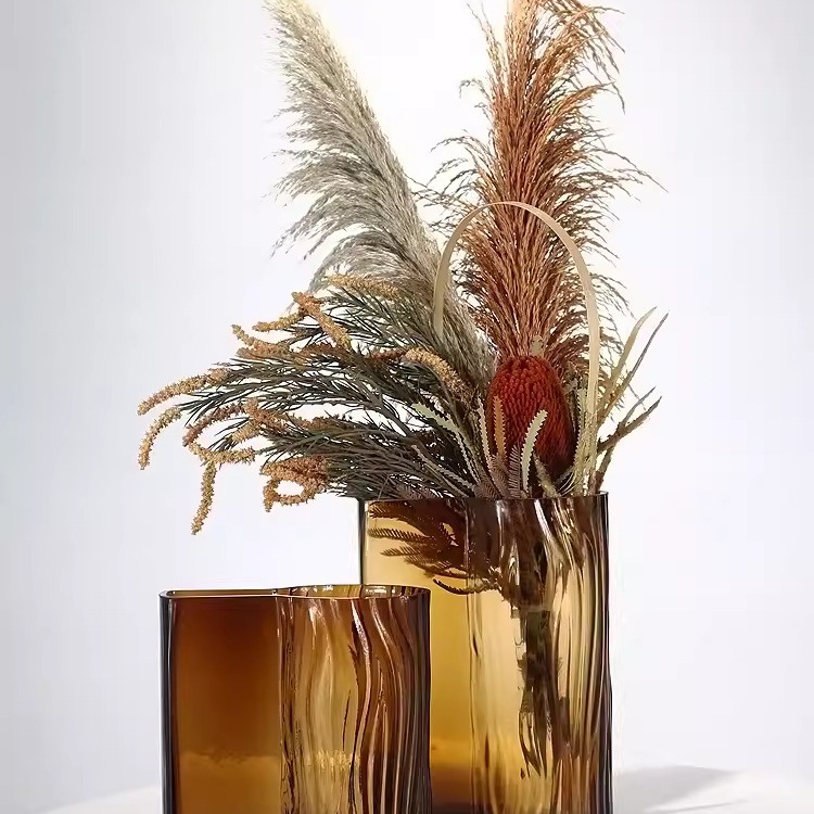 现代简约琥珀色玻璃花瓶摆件客厅茶几仿真花艺插花样板房软装饰品