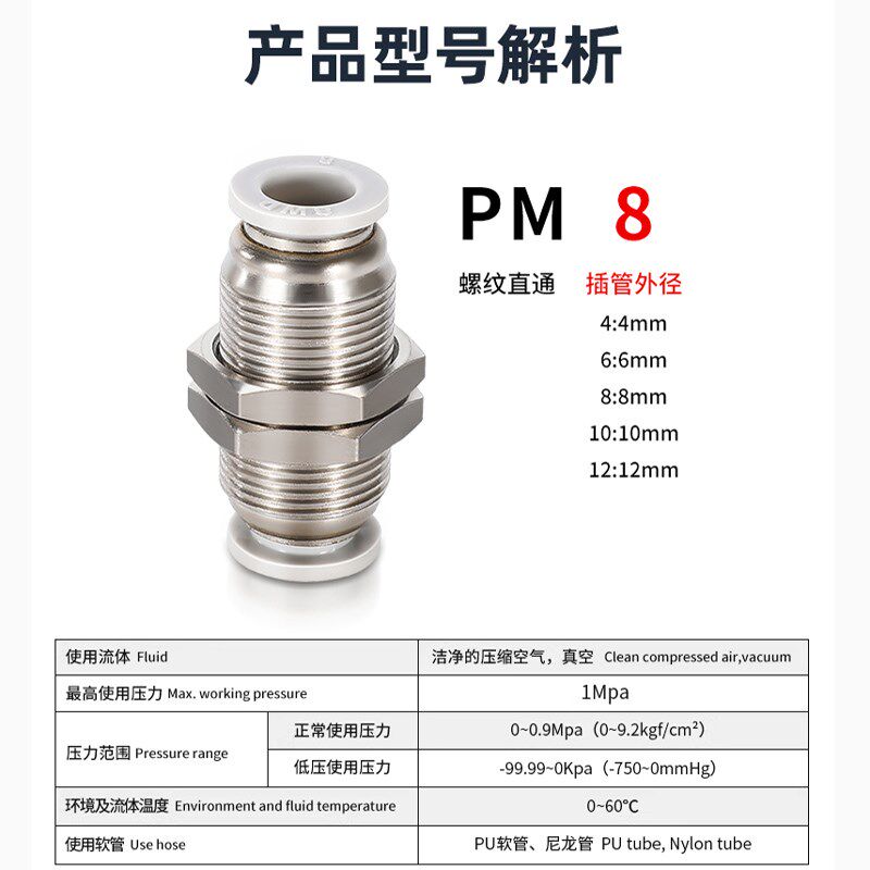 热销pm隔板直通气管快速o接头PM4 PM6 PM8 PM10 双路穿板双头快插