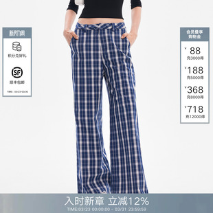 高腰复古蓝色阔腿长裤 Called 新款 女2026春季 Back撞色格子休闲裤