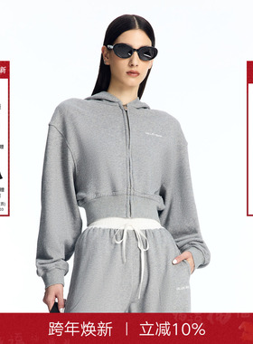 CALLED BACK2025秋季灰色运动蝙蝠袖宽松拉链短款连帽卫衣外套女