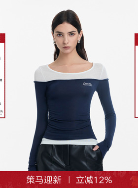 Called Back拼接假两件长袖上衣女2025秋季新款修身弹力打底衫