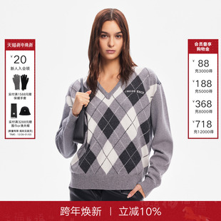 撞色刺绣V领长袖 Called 新款 女2025秋季 菱形格纹毛衣 Back针织衫