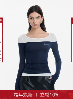 Called Back拼接假两件长袖上衣女2025秋季新款修身弹力打底衫