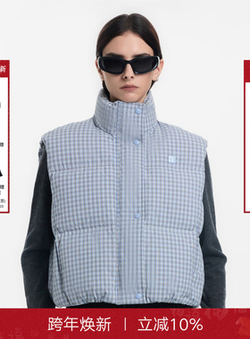 Called Back白鹅绒羽绒马甲女2025冬季新款复古格纹休闲立领外套