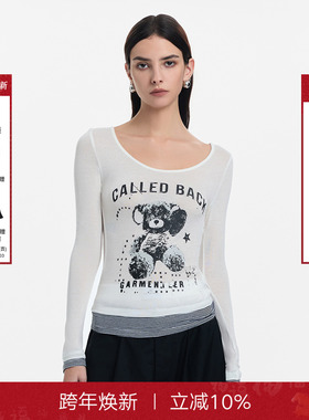 Called Back条纹拼接假两件上衣2025秋新款饭团熊修身针织打底衫