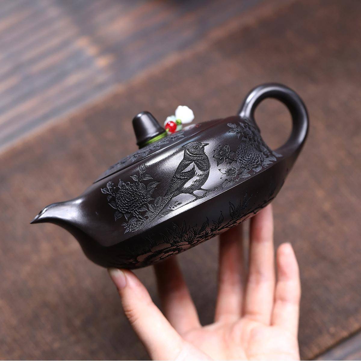分销宜兴紫砂壶原矿石黄泥手工制作满刻花鸟曲壶大容量泡茶壶