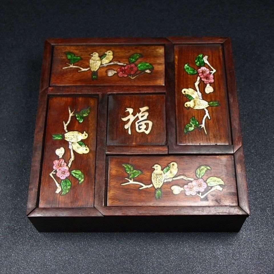 花梨木镶贝壳鸟语花香五开盒首饰盒长20厘米宽20厘米厚6cm重728克
