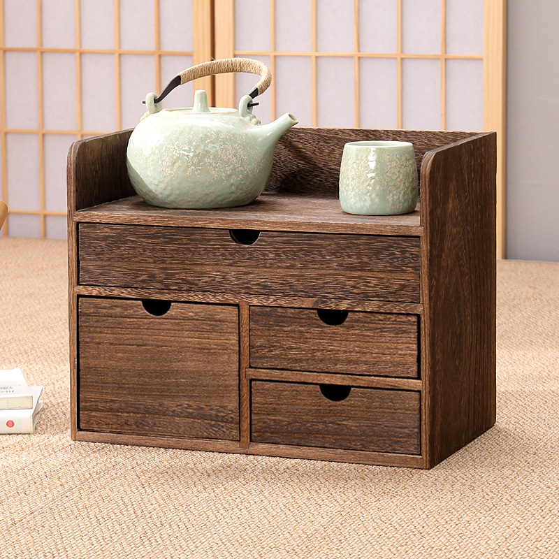 实木茶饼收纳盒多层抽屉储茶盒桌面杂物置物架小书架化妆品整理盒