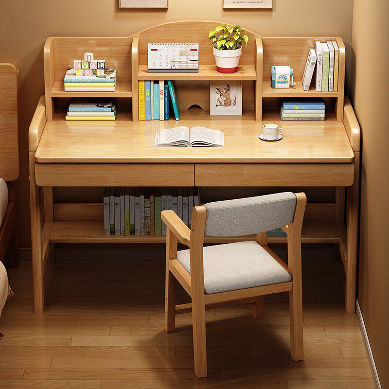 速发实木儿童学习桌子中小学生书桌带书架小孩子可升降家用写字课