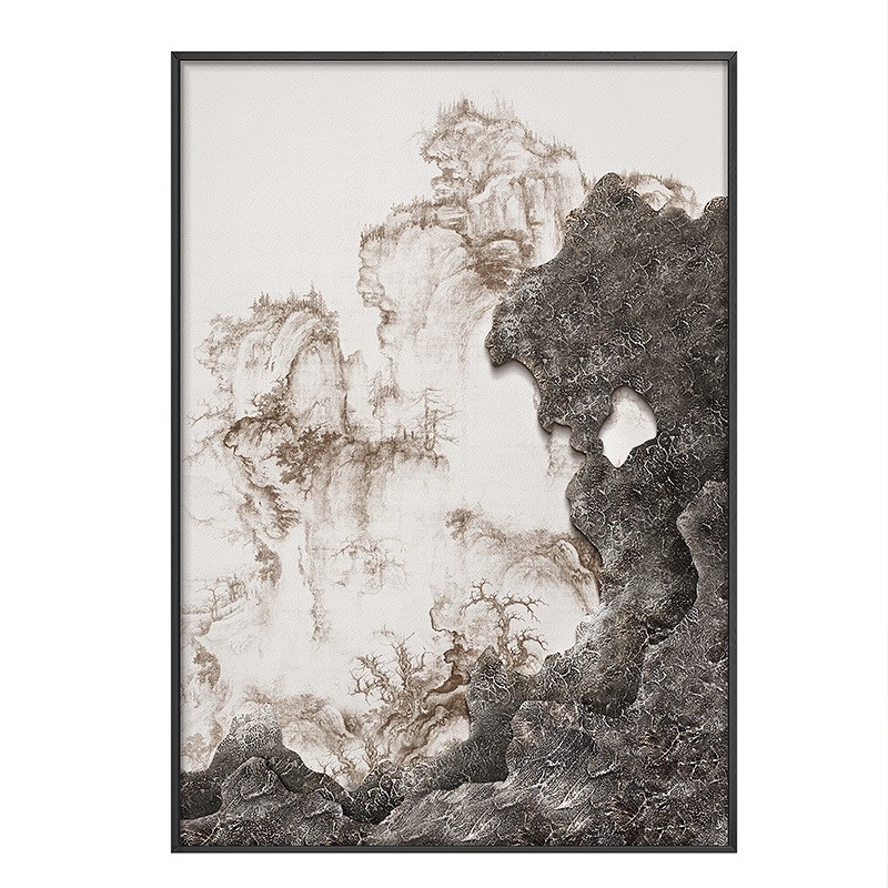 速发太湖石玄关客厅装饰画新中式样板间入户走廊酒店大堂壁画平面图片