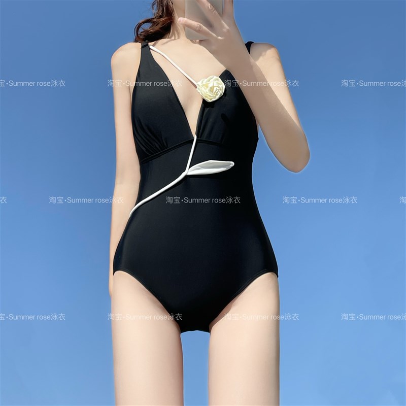 速发Sumr法式高身深V边瑰花黑色连级聚拢海玫度假泳装