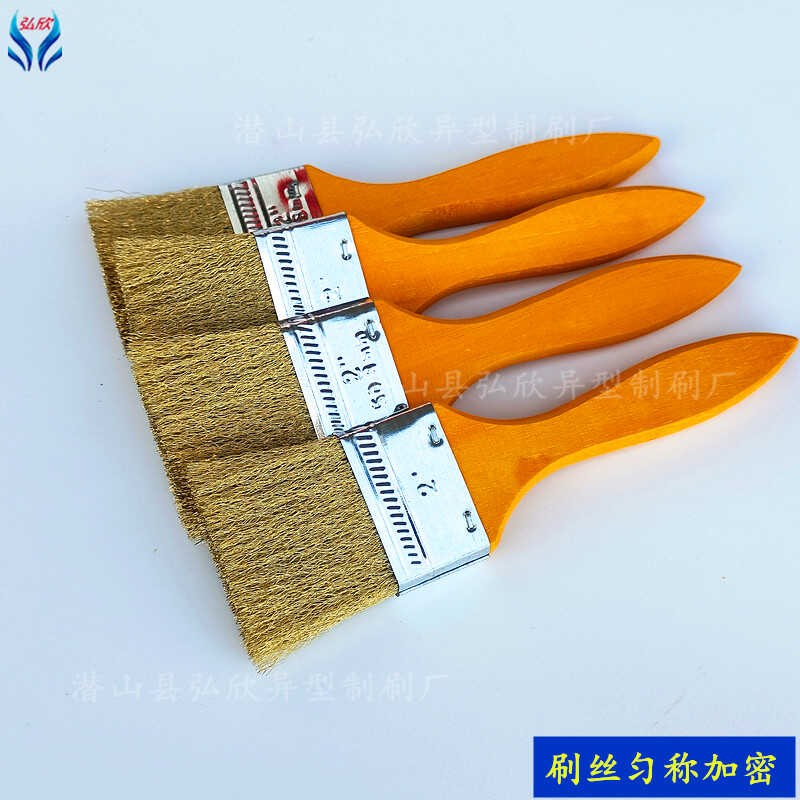 速发热销机械1寸铜丝油漆刷车床木柄铜扫刷2寸加密波纹除锈钢丝木