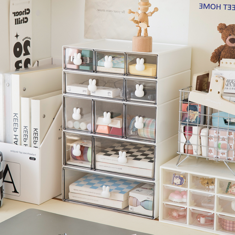 速发抽品式桌面收纳盒桌具化妆屉文上书桌透明饰品手帐置物架改造