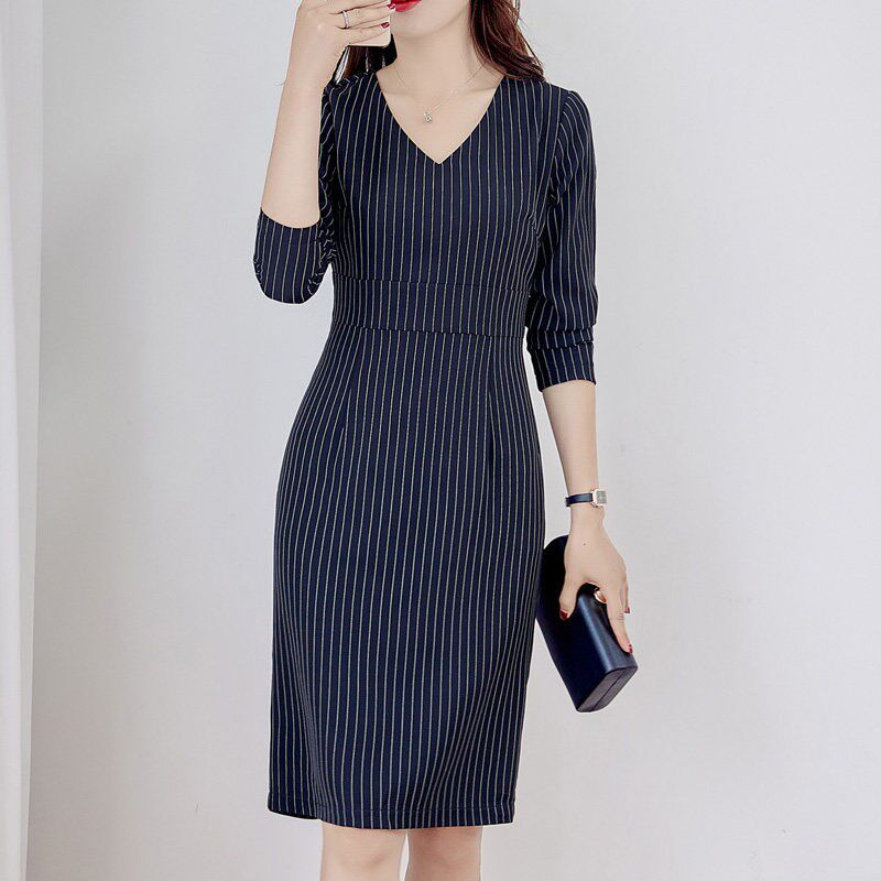 速发春秋大码长袖条纹连衣V职业装包臀领裙裙中长款工装裙200斤
