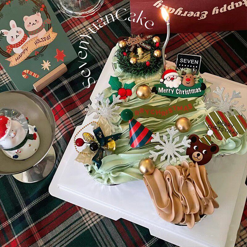 速发耶诞节蛋糕装饰草圈叶子耶诞树雪人麋鹿摆件老人礼物插件烘焙