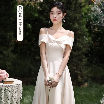 速发伴娘服2025新款小个子香槟色姐妹团缎面礼服裙平时可穿气质高