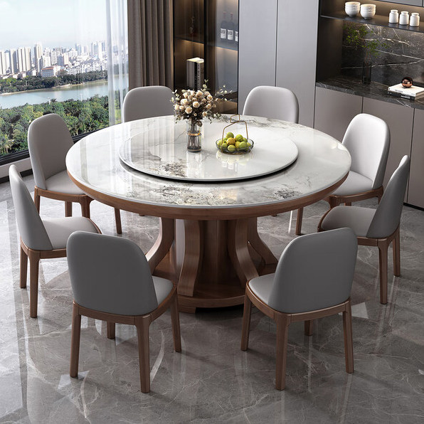 轻奢岩板餐桌椅组合家用带桌面转盘现代简约小户型实木圆形大圆桌