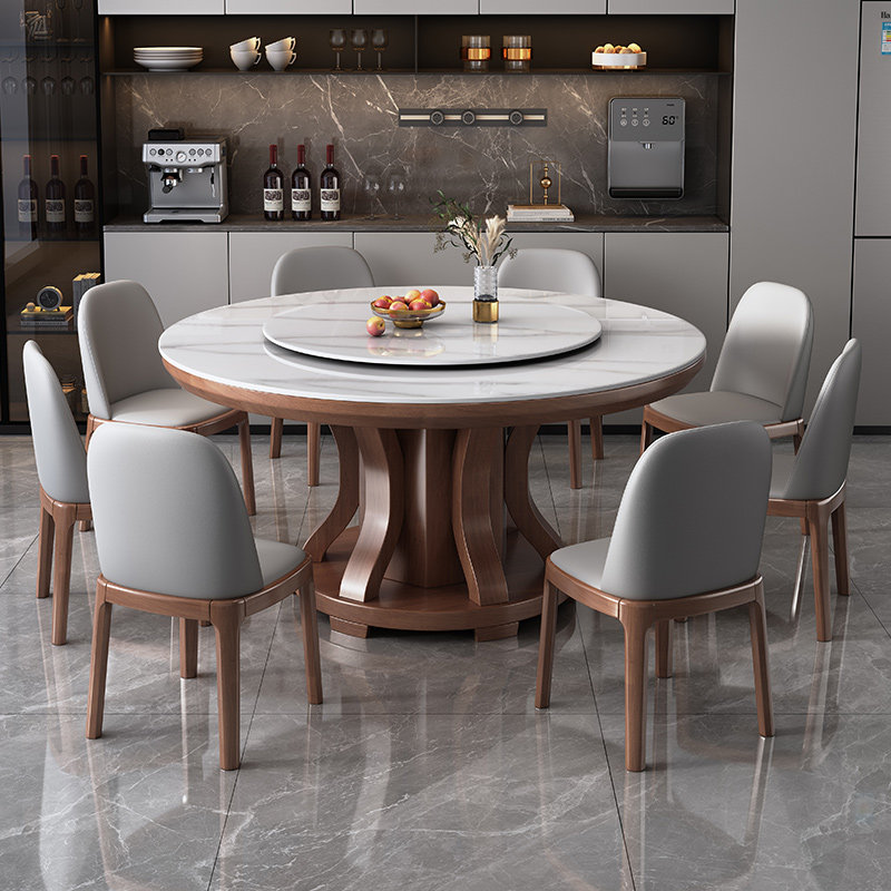 轻奢岩板餐桌椅组合家用带桌面转盘现代简约小户型实木圆形大圆桌