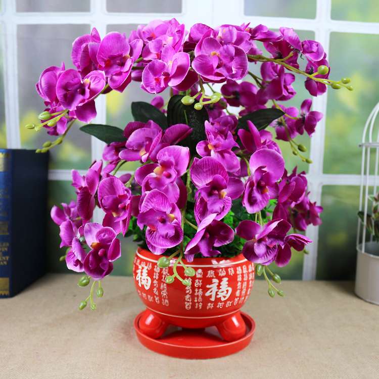 花蝴蝶兰套装红色陶瓷花盆室内客厅绢花摆设婚庆新房装饰花艺