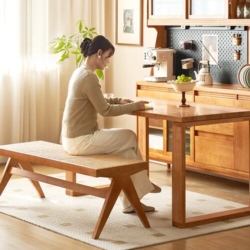 侘寂风藤编长条凳家用客厅床尾实木凳子服装店鞋店昌迪加尔换鞋凳