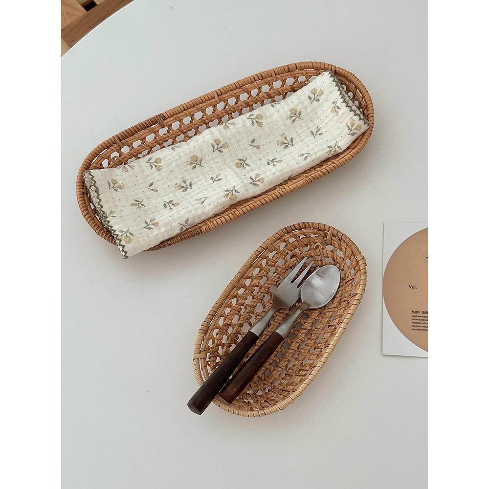 家用藤编收纳篮子 让家自然温馨 日式厨房餐具托盘 文艺拍摄道具