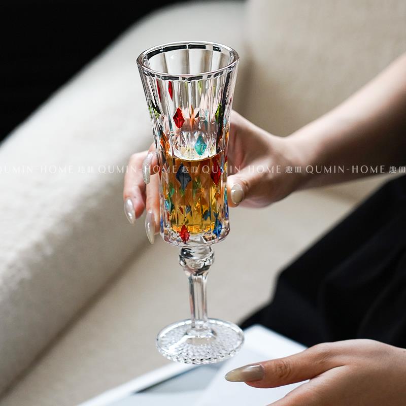 趣皿ins风浮雕香槟杯轻奢红酒杯高级感葡萄酒杯玻璃高脚杯甜酒杯