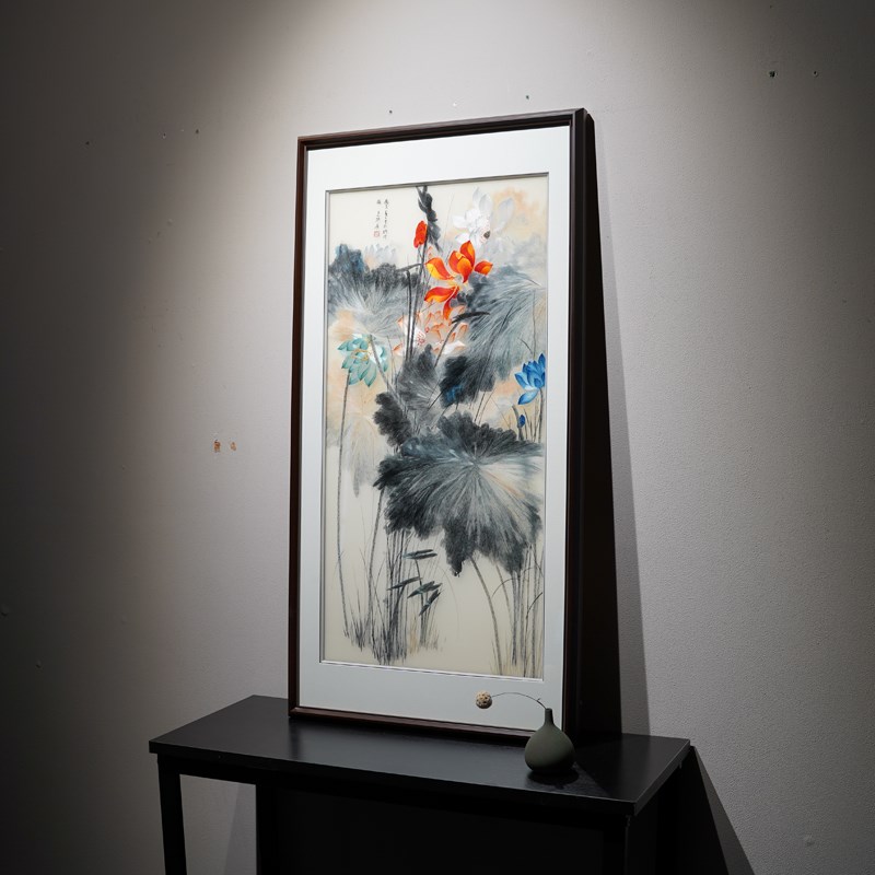 张大千荷花纯手工新中式玄关装饰挂画精品刺绣别墅过道软装艺术画图片