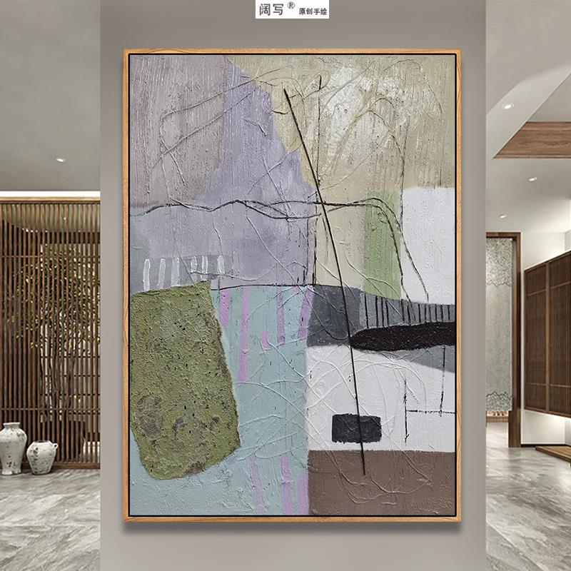 纯手绘北欧现代简约客厅玄关抽象点线面创意立体装饰油画竖款挂画图片