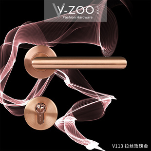 vzoo304不锈钢卧室门锁拉丝玫瑰金房门把手金色室内静音木门拉