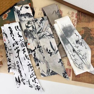 丝巾新款墨竹白鹤古风发带长条方巾女发饰水墨画中国风绑带飘带女