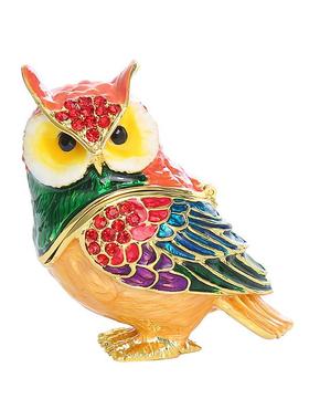 创意家居金属猫头鹰工艺礼品摆件珐琅手工彩绘镶钻首饰收纳盒