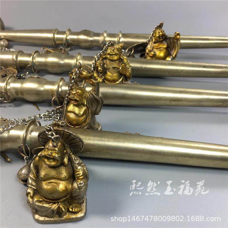 仿古白铜旱烟袋铜鎏金弥勒佛传统老式手工烟袋锅烟斗古玩收藏品