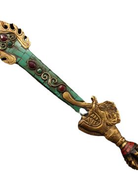 藏传仿古纯手工制作纯铜镶松石镶宝石文殊剑文殊法器摆件
