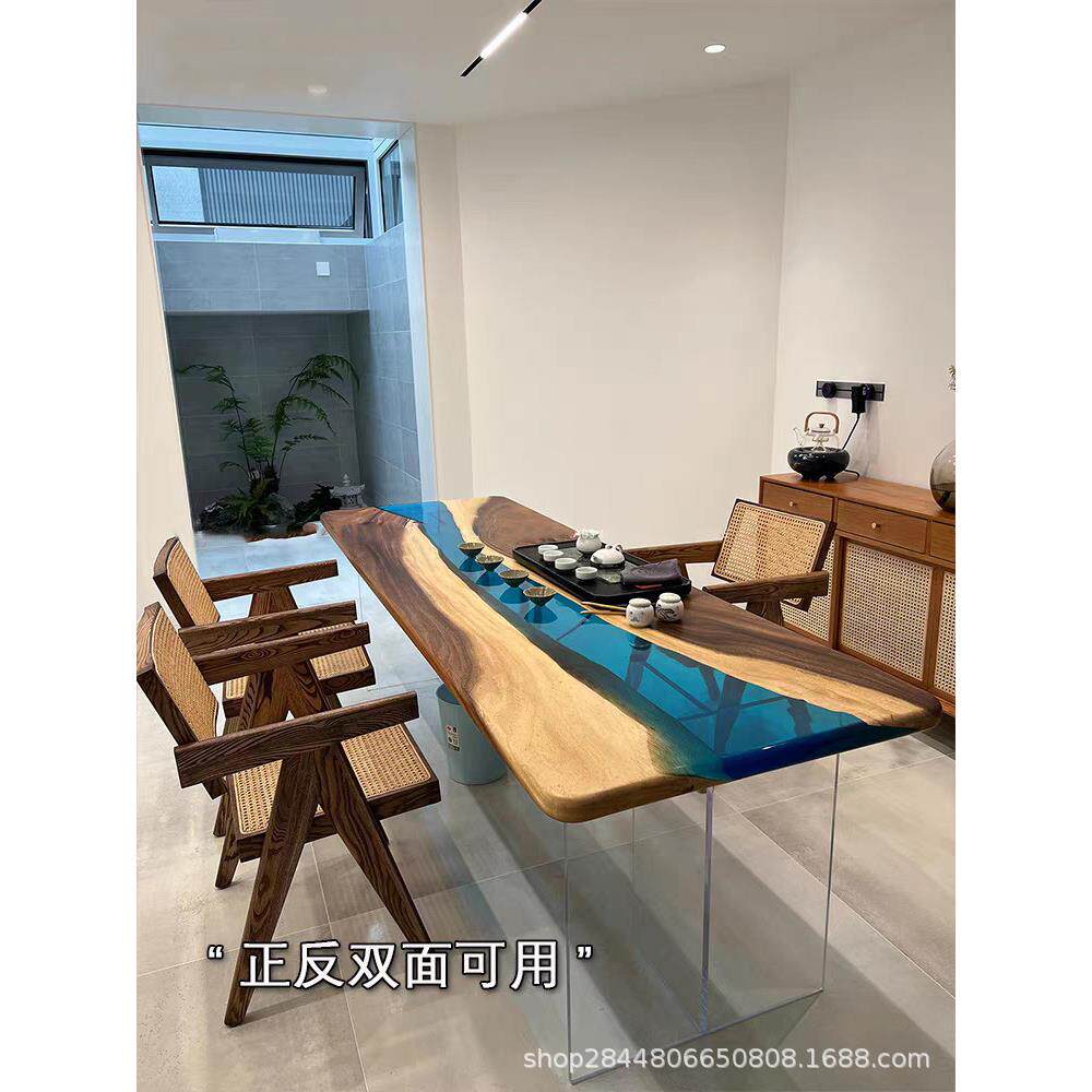 透明环氧树脂大板桌创意海洋沙滩河流茶台整张实木办公会议桌子