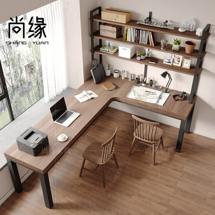 实木转角书桌书架组合 家用拐角双人办公桌卧室l型角落电脑桌台式