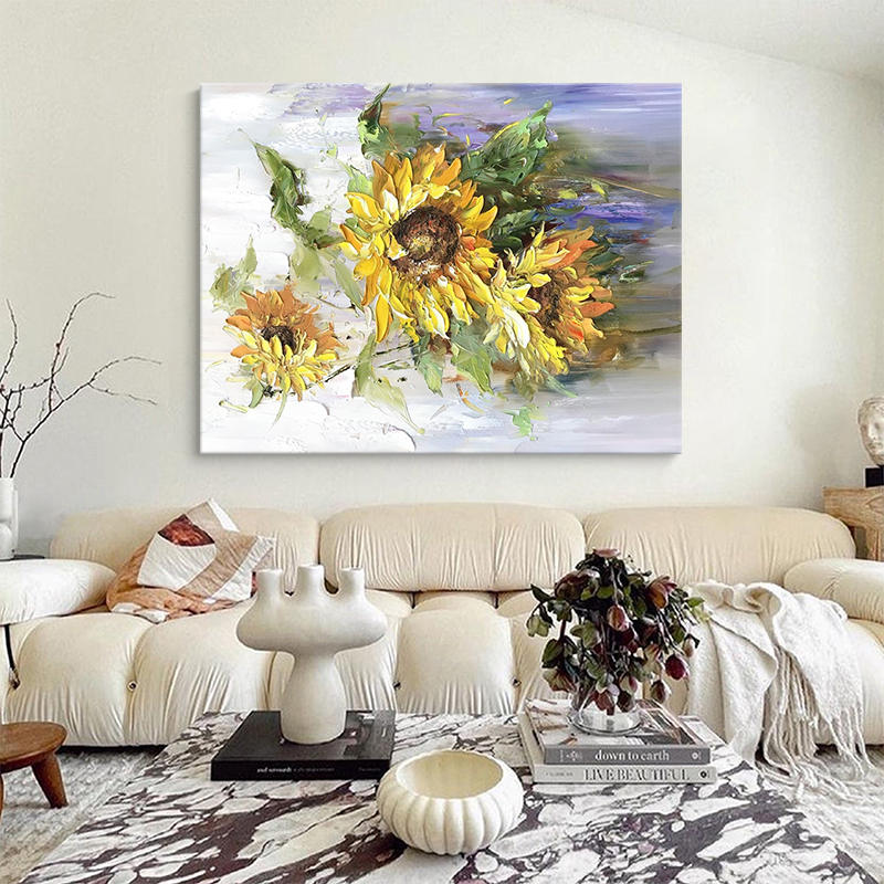 向日葵客厅沙发背景墙装饰画欣欣向荣纯手绘油画植物花卉餐厅挂画图片