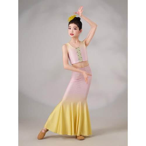 新型儿童傣族舞蹈服装表演服装艺术测试练习裙孔雀舞蹈表演服装鱼
